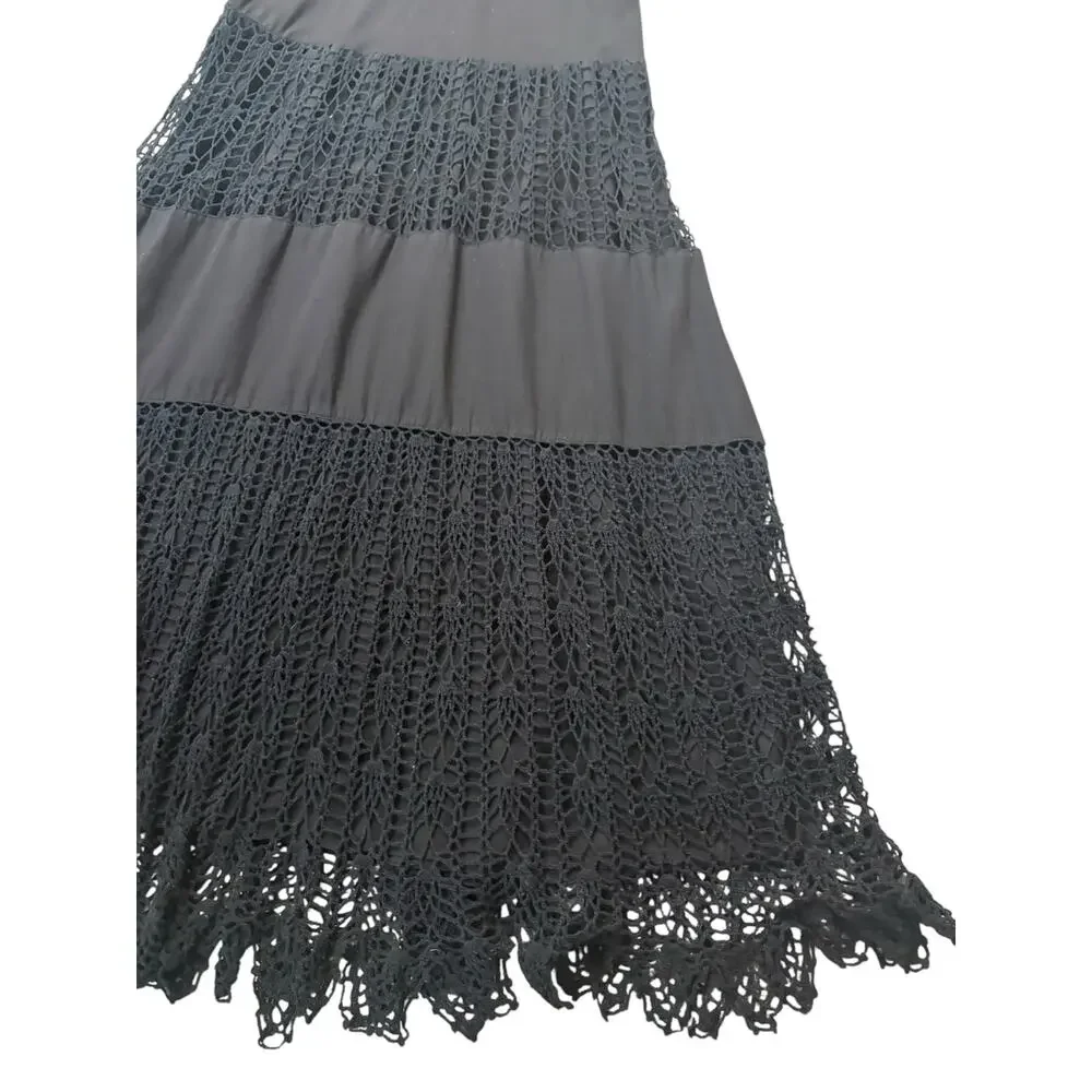 VTG Y2K Black Cotton Boho Maxi Dress Medium Smocked Crochet Knit‎ Slip Casual